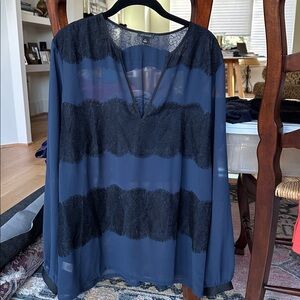 Ann Taylor Midnight Blue Top with Black Lace